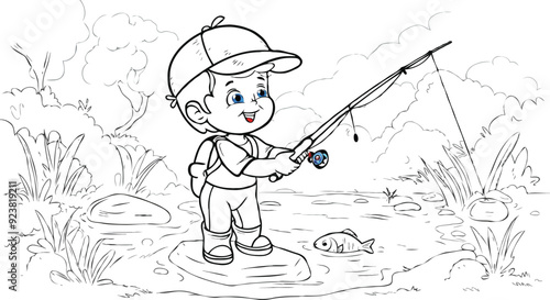 coloring page a simple drawing of red yellow with baby girl & boy fishing, vector illustrator