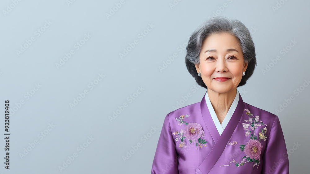 Senior Korean woman wearing purple dress smile isolated on gray background Senior Korean woman wearing purple dress smile isolated on gray background