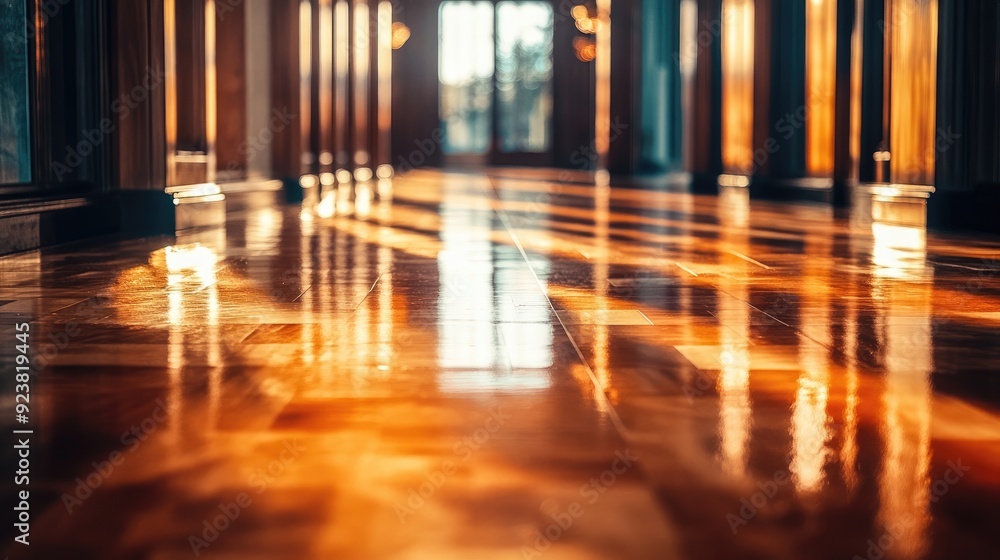 A wooden floor with a high-gloss finish, reflecting light from elegant lighting fixtures above A wooden floor with a high-gloss finish, reflecting light from elegant lighting fixtures above