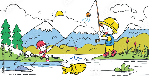 coloring page a simple drawing of red yellow with baby girl & boy fishing, vector illustrator
