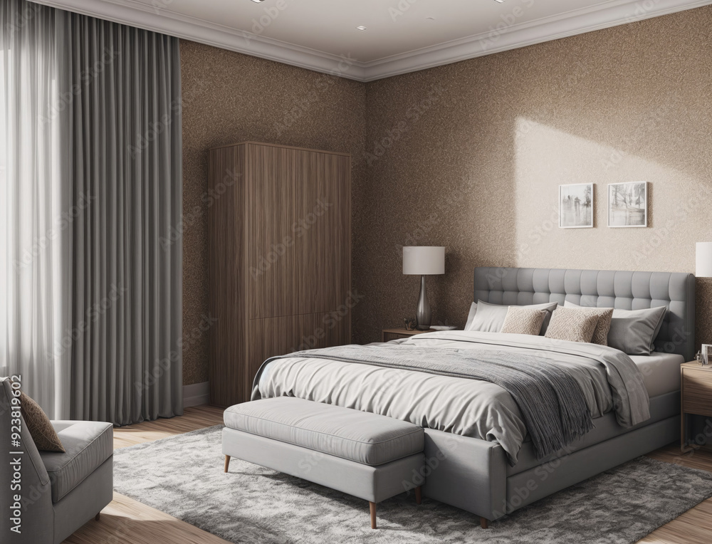 Modern Bedroom Interior Design Featuring Large Bed and Soft Natural Light in Cozy Atmosphere Modern Bedroom Interior Design Featuring Large Bed and Soft Natural Light in Cozy Atmosphere