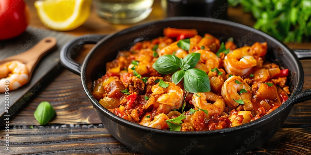 Close-up of a skillet of shrimp and chorizo stew. Close-up of a skillet of shrimp and chorizo stew.