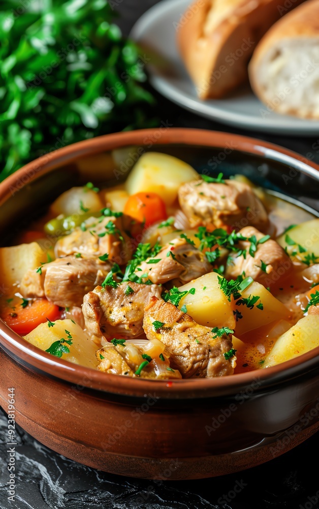 Close-up of a hearty stew with meat, potatoes, carrots, and herbs, served in a brown bowl with bread on the side.