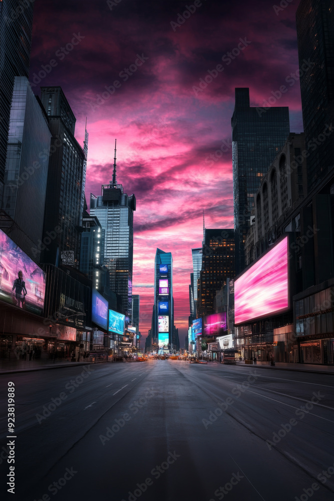 Fototapeta premium Futuristic billboard on a night city scene in powerful contrasting colors. Conceptual image on the future of the advertising industry.