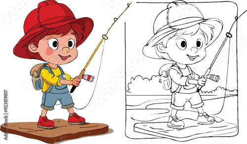 coloring page a simple drawing of red yellow with baby girl & boy fishing, vector illustrator