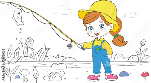 coloring page a simple drawing of red yellow with baby girl & boy fishing, vector illustrator