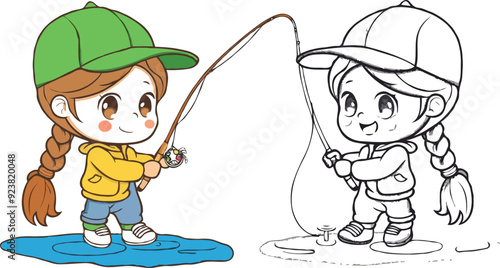 coloring page a simple drawing of red yellow with baby girl & boy fishing, vector illustrator