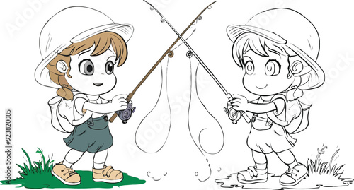 coloring page a simple drawing of red yellow with baby girl & boy fishing, vector illustrator