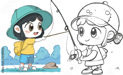 coloring page a simple drawing of red yellow with baby girl & boy fishing, vector illustrator
