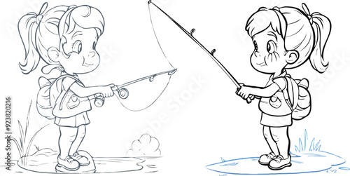 coloring page a simple drawing of red yellow with baby girl & boy fishing, vector illustrator