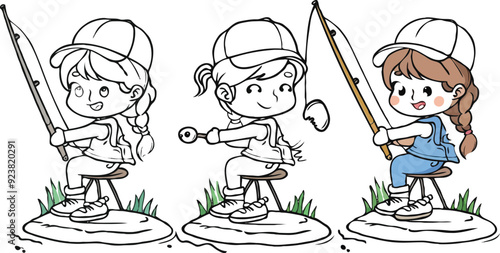 coloring page a simple drawing of red yellow with baby girl & boy fishing, vector illustrator