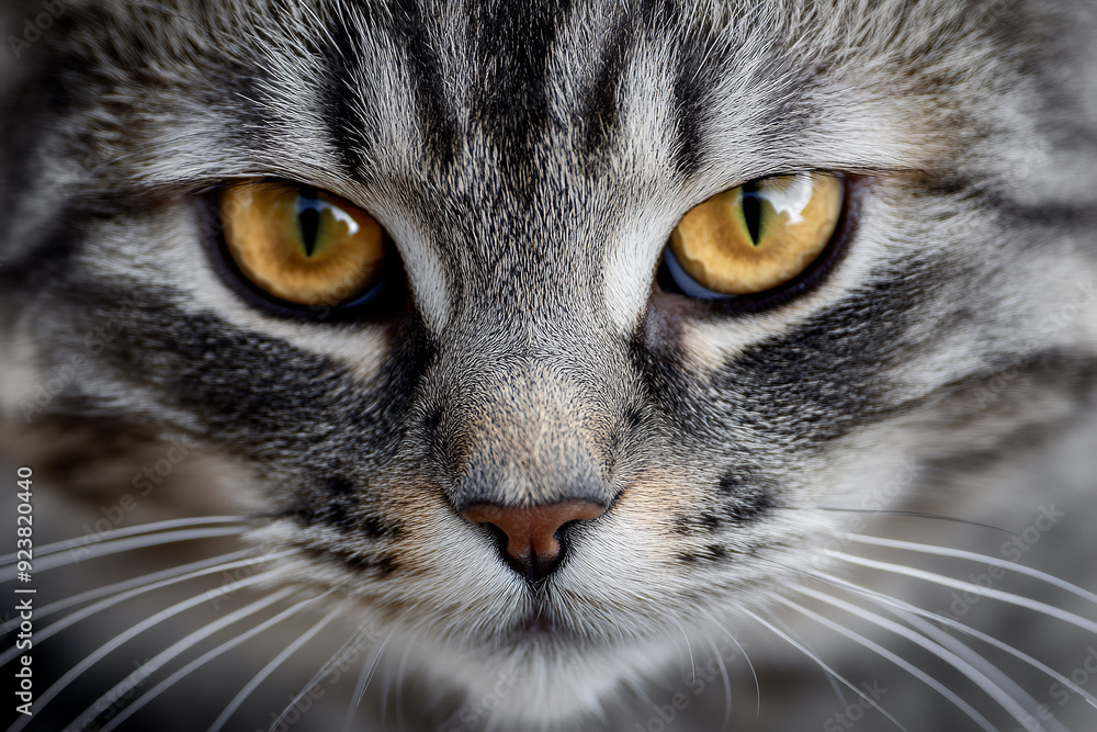 A close-up portrait of a beautiful gray striped cat highlights its striking features. The cat's soft fur displays intricate gray stripes A close-up portrait of a beautiful gray striped cat highlights its striking features. The cat's soft fur displays intricate gray stripes