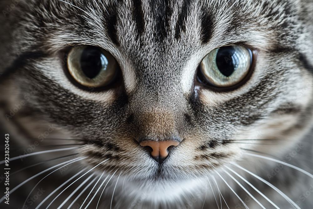 A close-up portrait of a beautiful gray striped cat highlights its striking features. The cat's soft fur displays intricate gray stripes A close-up portrait of a beautiful gray striped cat highlights its striking features. The cat's soft fur displays intricate gray stripes