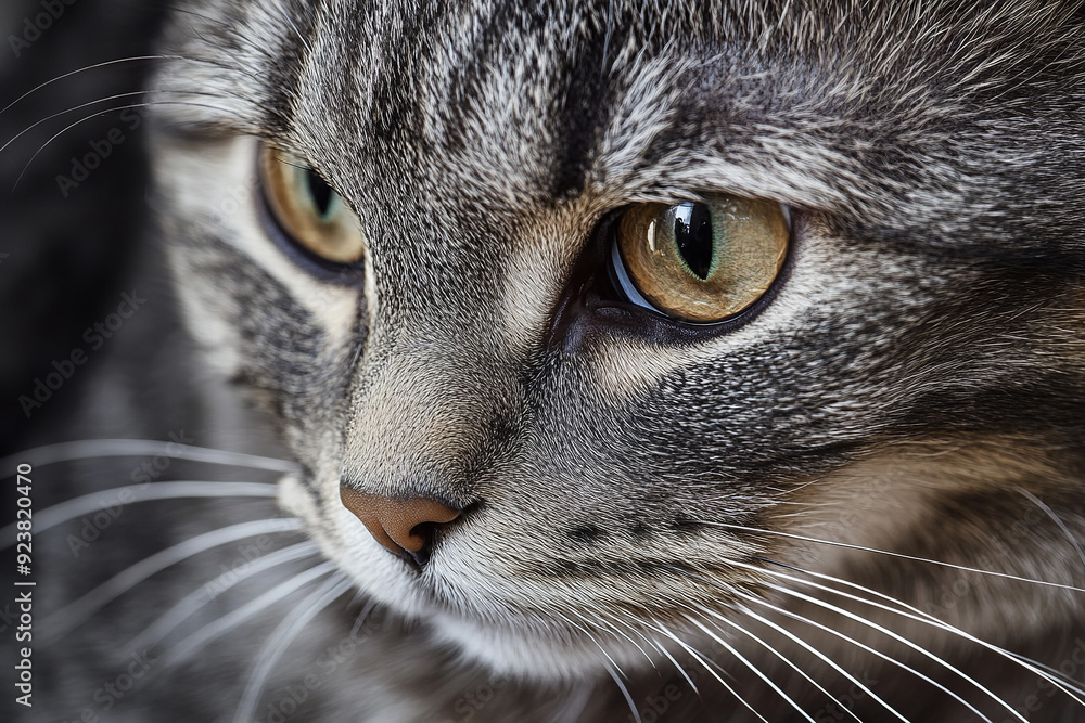 A close-up portrait of a beautiful gray striped cat highlights its striking features. The cat's soft fur displays intricate gray stripes A close-up portrait of a beautiful gray striped cat highlights its striking features. The cat's soft fur displays intricate gray stripes