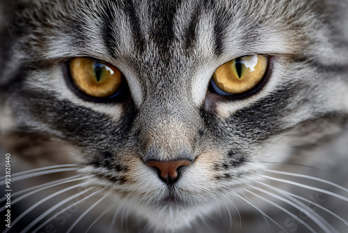 A close-up portrait of a beautiful gray striped cat highlights its striking features. The cat's soft fur displays intricate gray stripes