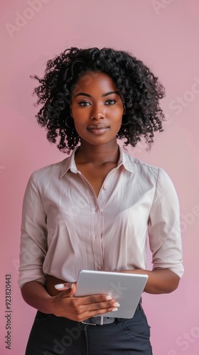 Wallpaper Mural A young woman stands confidently while holding a tablet, looking directly at the viewer Torontodigital.ca