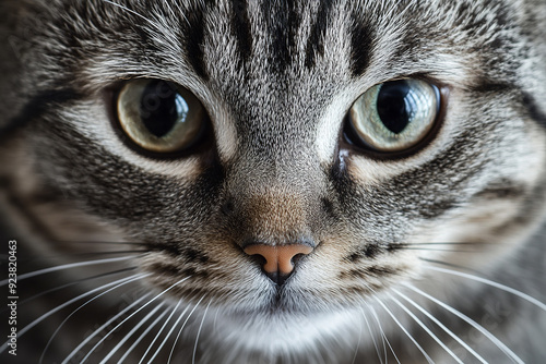 A close-up portrait of a beautiful gray striped cat highlights its striking features. The cat's soft fur displays intricate gray stripes photo