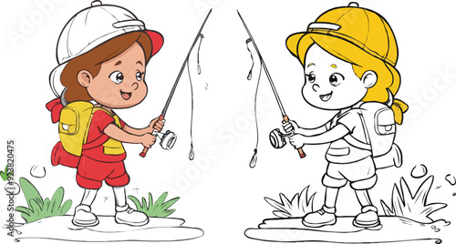 coloring page a simple drawing of red yellow with baby girl & boy fishing, vector illustrator