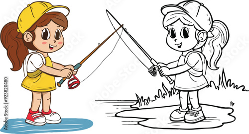 coloring page a simple drawing of red yellow with baby girl & boy fishing, vector illustrator