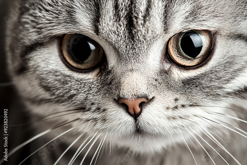 A close-up portrait of a beautiful gray striped cat highlights its striking features. The cat's soft fur displays intricate gray stripes photo