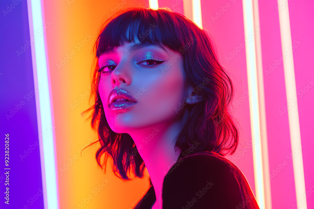A fashion model with brunette hair poses in a studio bathed in colorful, bright neon lights.