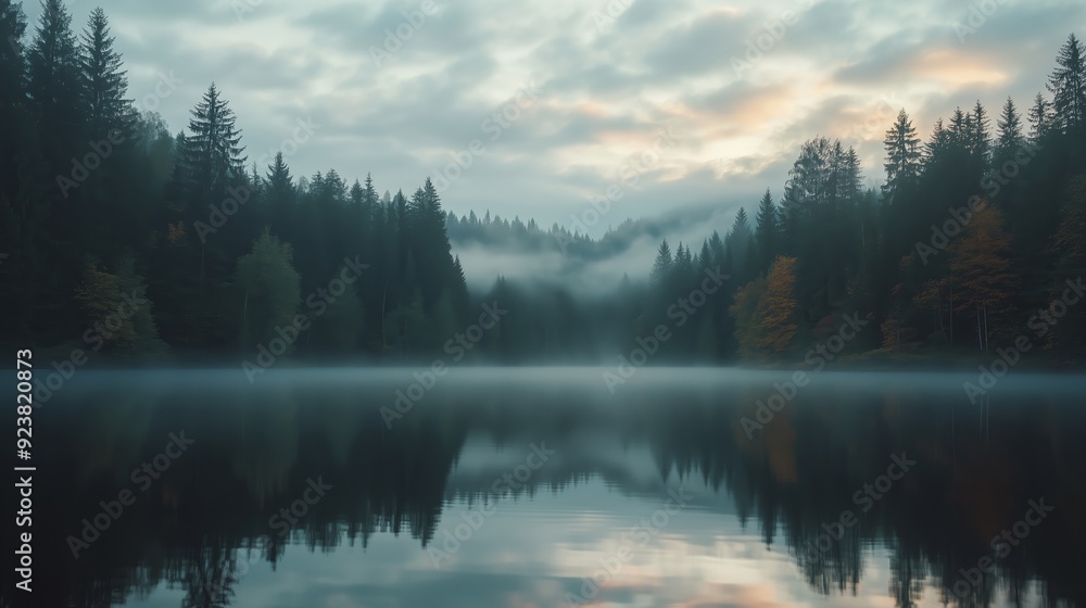 Fototapeta premium Calm morning at the misty lake surrounded by dense forest during early dawn