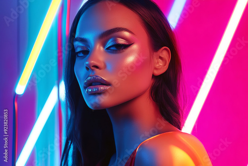 A fashion model with brunette hair poses in a studio bathed in colorful, bright neon lights. photo