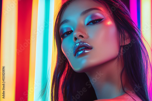 A fashion model with brunette hair poses in a studio bathed in colorful, bright neon lights. photo