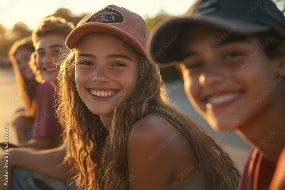 A group of smiling teenagers enjoys their summer holidays, casually hanging out outside with skateboards.
