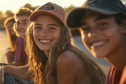 Obraz na płótnie A group of smiling teenagers enjoys their summer holidays, casually hanging out outside with skateboards. w salonie