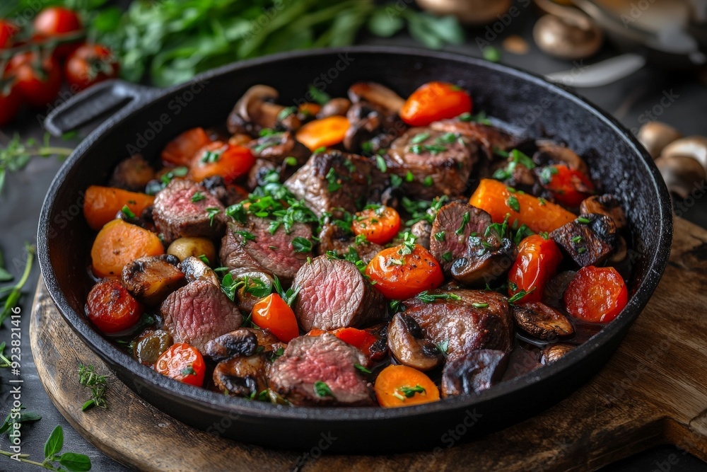 Hearty Beef Stew with Vegetables in Cast Iron Skillet Hearty Beef Stew with Vegetables in Cast Iron Skillet