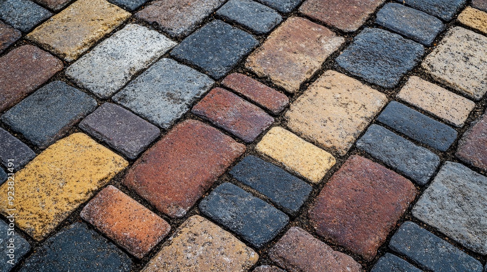 Fototapeta premium Close-up of brick pavement with different colored bricks forming a decorative pattern.
