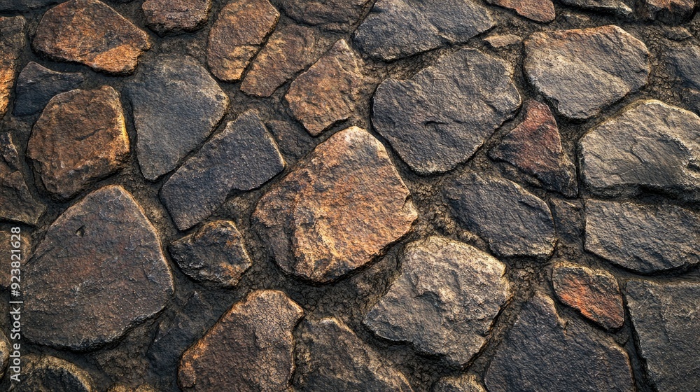 Fototapeta premium Close-up of textured pavement stones, showing the rough surface and natural color variations.