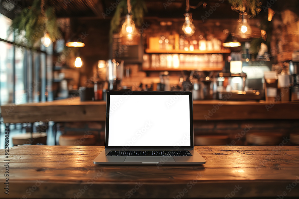 A laptop with a blank screen sits on a wooden table, with a cozy coffee cafe background. A laptop with a blank screen sits on a wooden table, with a cozy coffee cafe background.