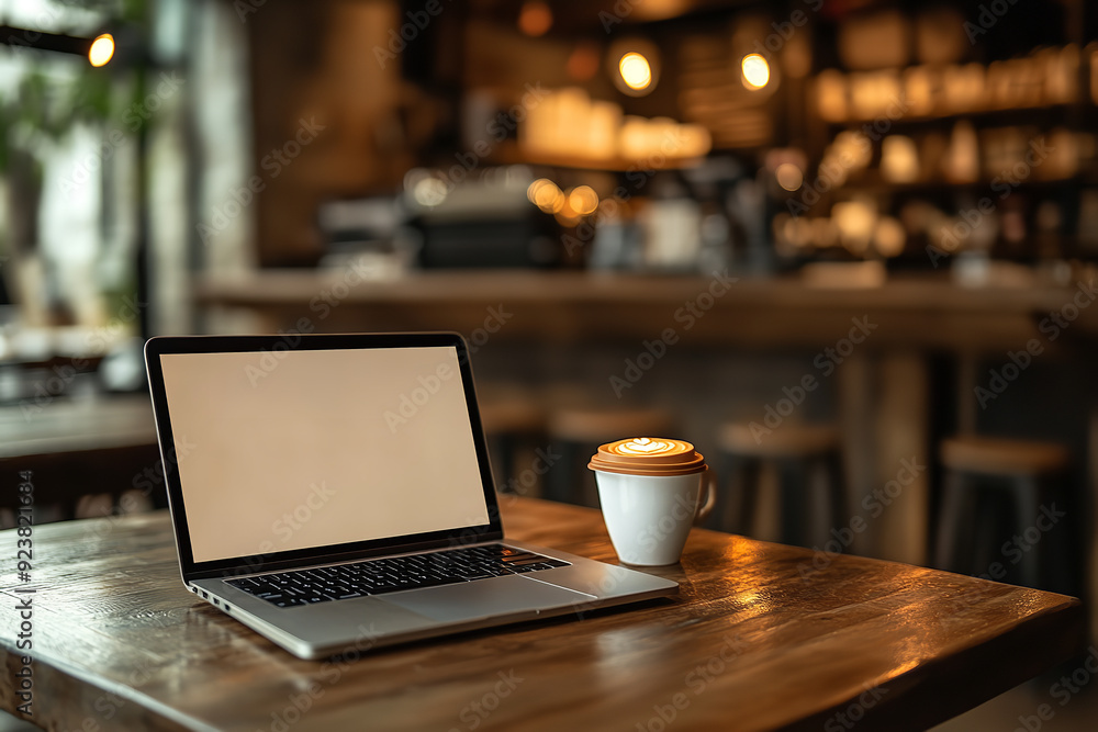 A laptop with a blank screen sits on a wooden table, with a cozy coffee cafe background. A laptop with a blank screen sits on a wooden table, with a cozy coffee cafe background.