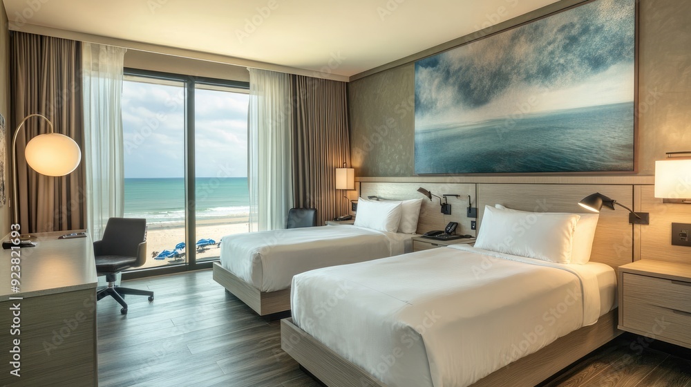 Fototapeta premium Cozy hotel room with twin beds, modern amenities, and a beautiful beach view.