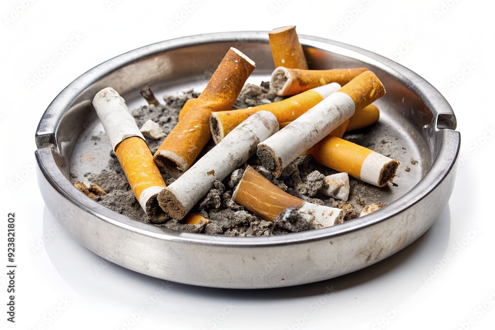 A solitary, worn, metal ashtray, streaked with remnants of past cigarettes, sits isolated on a pristine white background, starkly highlighting the remnants of a smoking habit. A solitary, worn, metal ashtray, streaked with remnants of past cigarettes, sits isolated on a pristine white background, starkly highlighting the remnants of a smoking habit.
