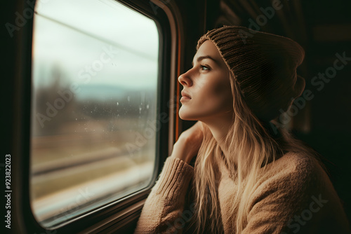 Young woman looking out train window
