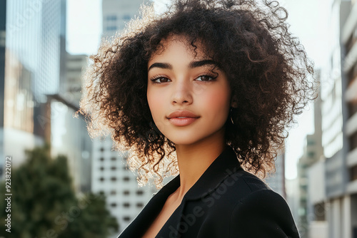 A portrait of a young woman with curly hair stands confidently in the city. photo