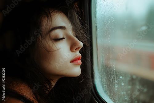 Young woman looking out train window 