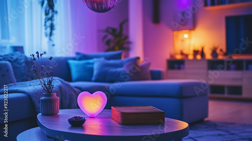 A purple night light is placed on the coffee table in front of an empty sofa, and there's a wooden tea box next to it. photo