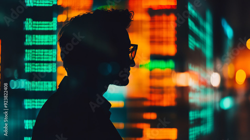 A silhouette of a trader in an office, captured with a bokeh effect in a low-lit environment photo