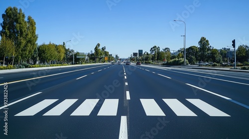 Highway merge lane with solid and dashed white traffic lines indicating lane changes. photo