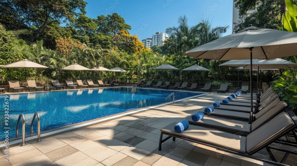 Hotel pool area with comfortable sun loungers, umbrellas, and a refreshing ambiance Hotel pool area with comfortable sun loungers, umbrellas, and a refreshing ambiance