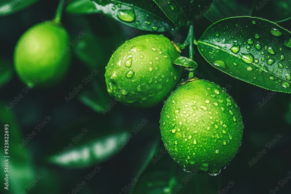 Fresh dewy limes hanging on branch with lush foliage Fresh dewy limes hanging on branch with lush foliage