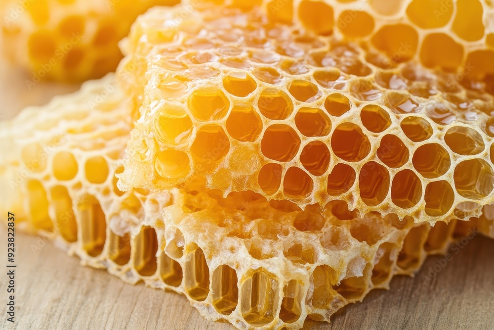 Golden honeycomb texture on wooden background Golden honeycomb texture on wooden background