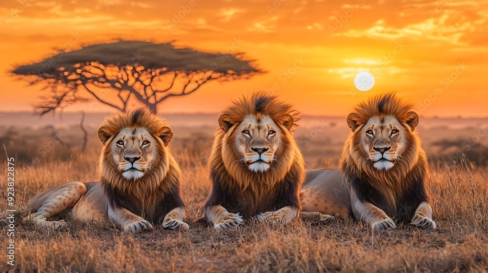 Majestic Lions Lounging in the Golden Savanna Sunset Landscape Majestic Lions Lounging in the Golden Savanna Sunset Landscape