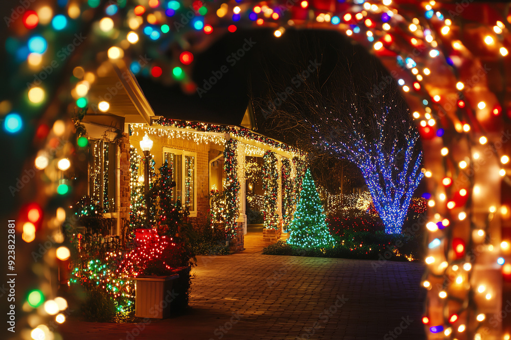 A vibrant display of Christmas lights adorns a festive setting, casting a warm, colorful glow. A vibrant display of Christmas lights adorns a festive setting, casting a warm, colorful glow.