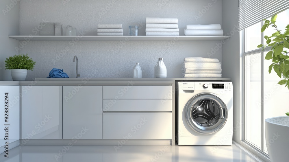 Modern laundry room with washing machine and dryer, fresh clothes folded on the counter. Modern laundry room with washing machine and dryer, fresh clothes folded on the counter.