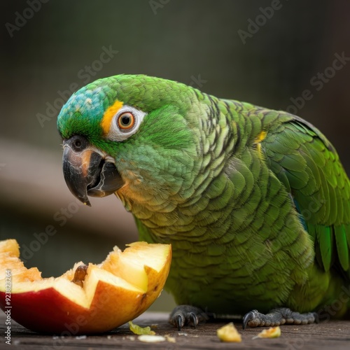 Selective focus on a green New Zealand parrot enjoying a meal in captivity photo